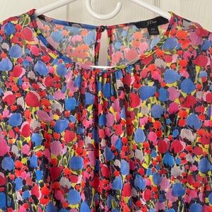 J. Crew Bright Floral Pleated Short Sleeve Blouse in Red, Blue, Pink
